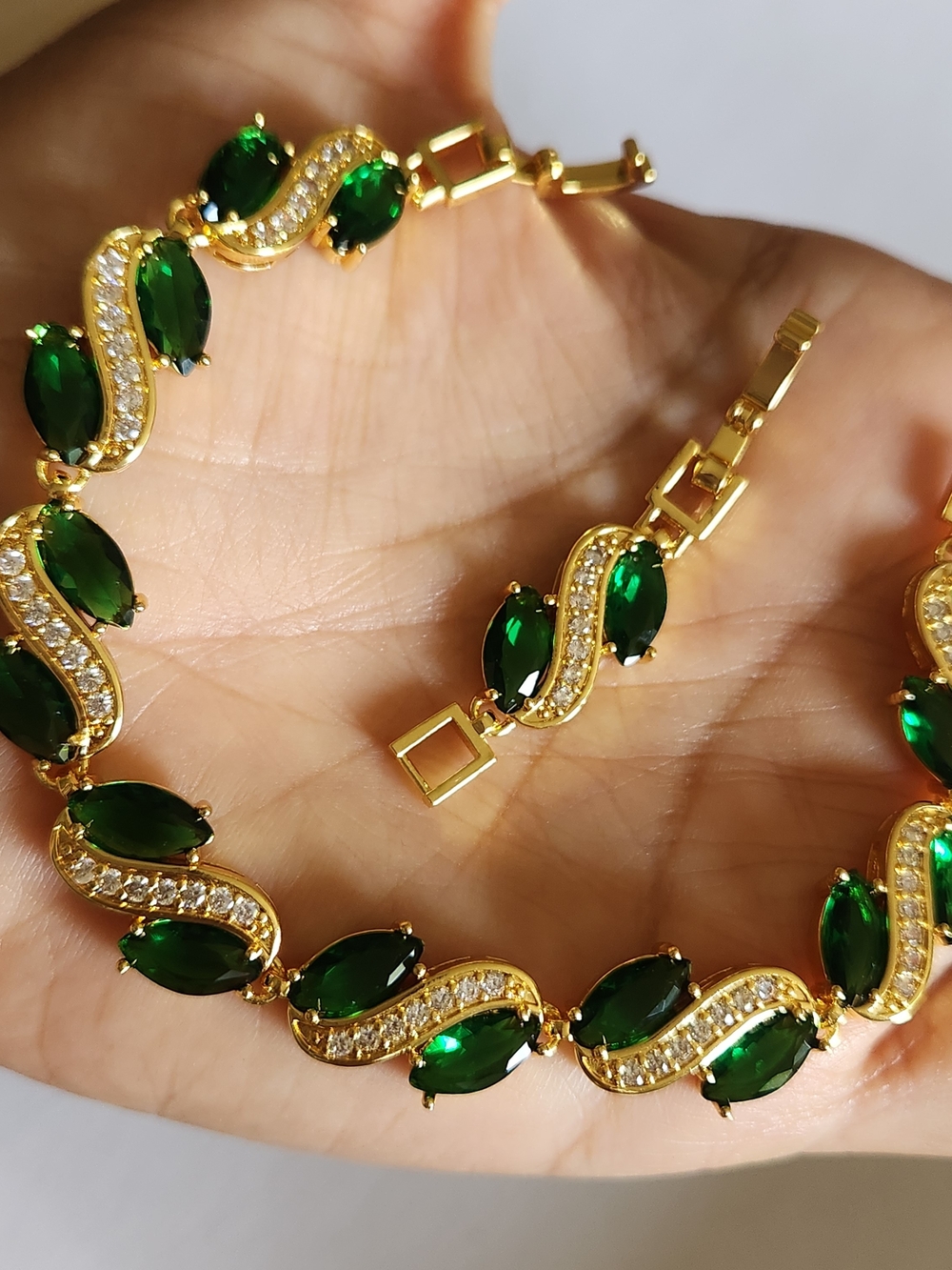 New 18K Gold Plated Marquise Cut Emerald Diamond Bracelet with Extender
